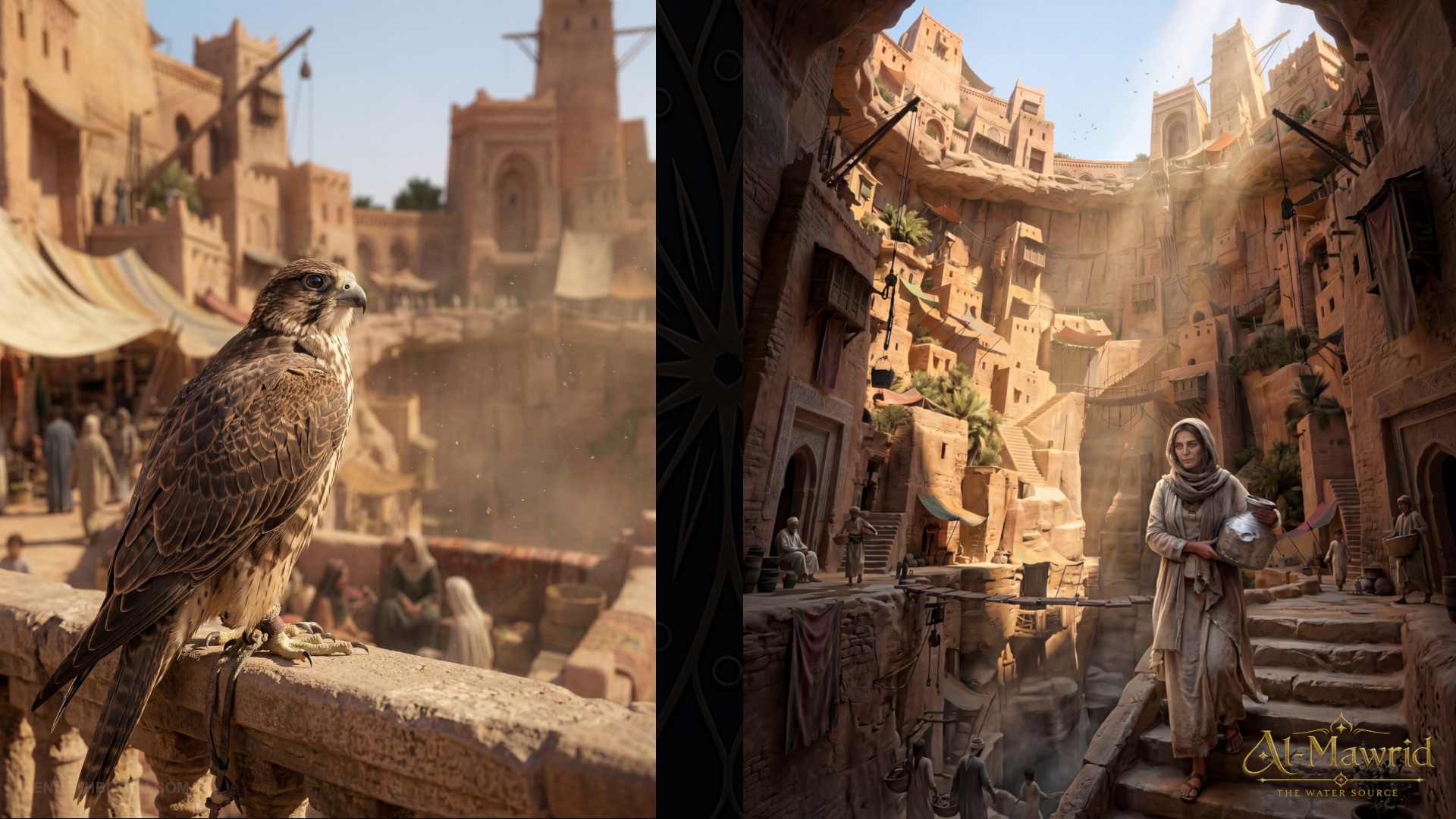 A falcon perched within the Al-Mawrid fortress, overlooking sunlit sandstone buildings and narrow streets, adding cultural detail, atmosphere and a sense of watchfulness to the desert world. Environment concept art and environment design by Kenneth Bonde.