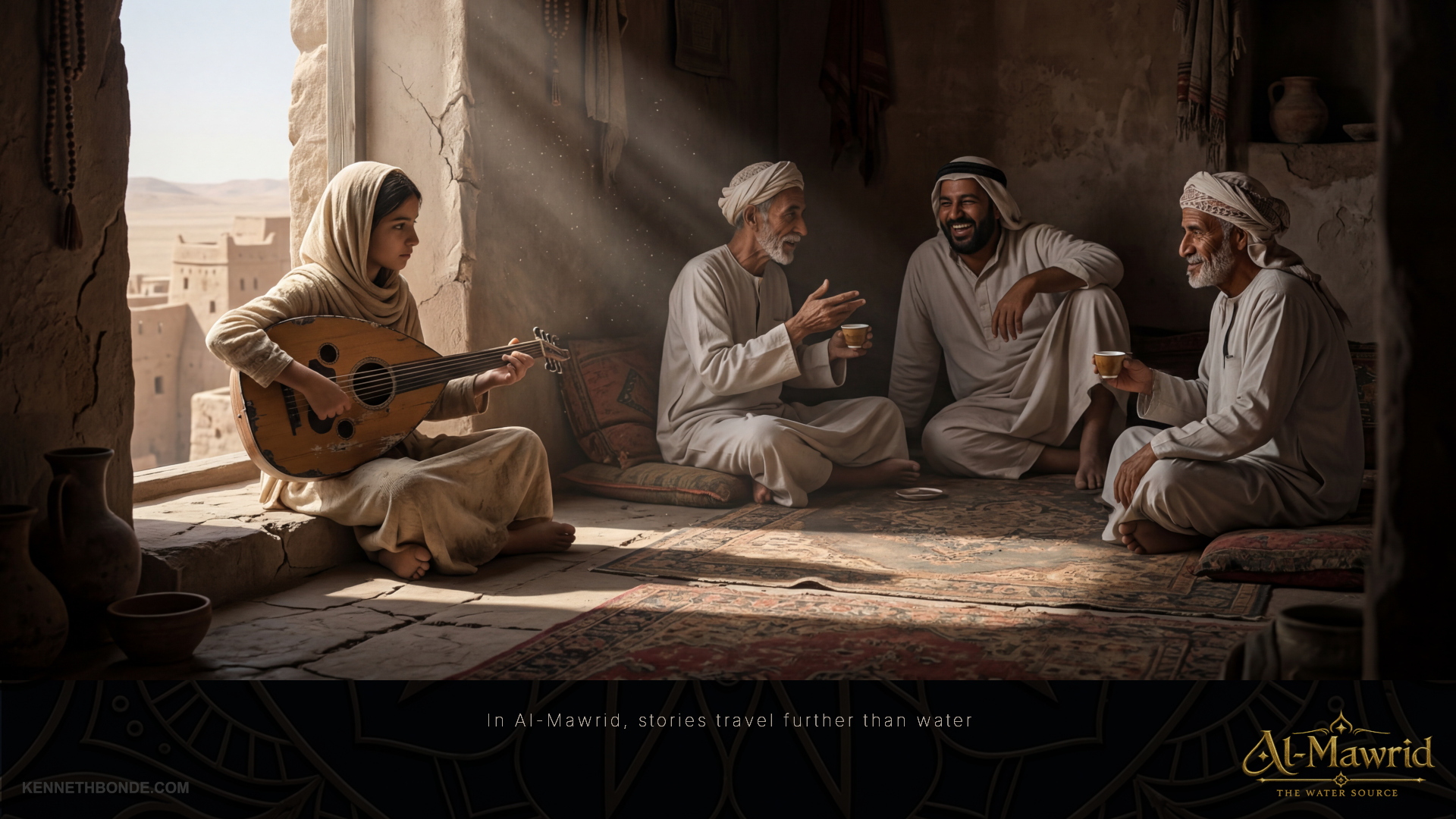 Interior gathering in Al-Mawrid with people seated in warm light near stone walls and textiles, suggesting social life, hospitality, ritual, cultural identity and human scale inside the fortress. Environment concept art and environment design by Kenneth Bonde.