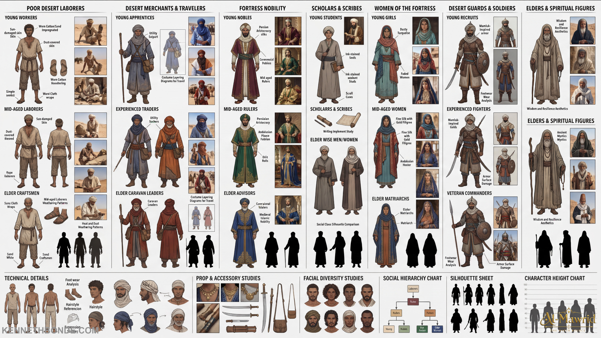 Character and costume reference board for Al-Mawrid, exploring clothing silhouettes, fabrics, armor, priests, travelers and cultural variation for a believable desert civilization. Environment concept art and environment design by Kenneth Bonde.