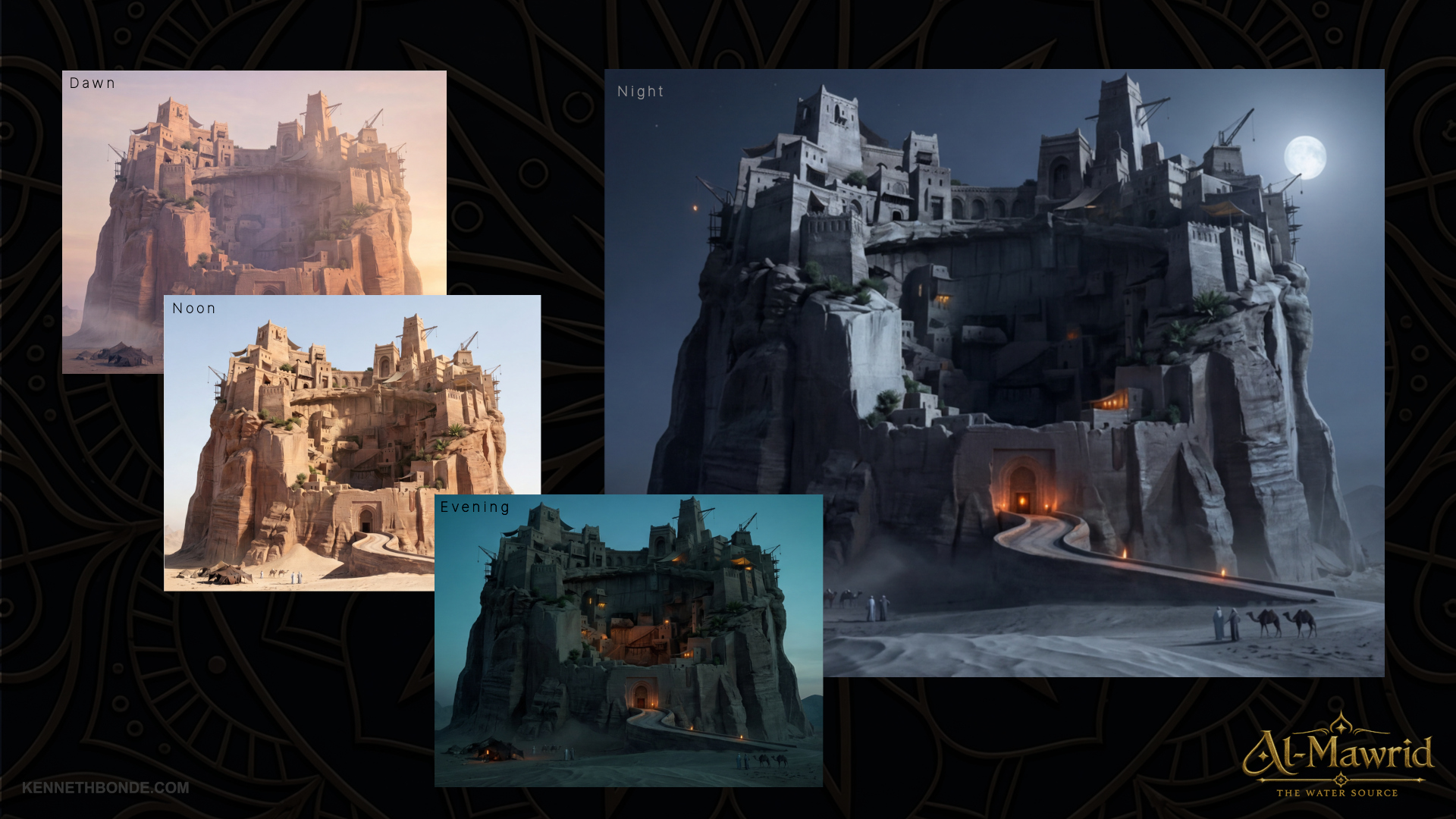 Al-Mawrid process montage with multiple concept images and mood studies, showing iteration, visual exploration, cinematic lighting and the development path from reference to final environment design presentation. Environment concept art and environment design by Kenneth Bonde.