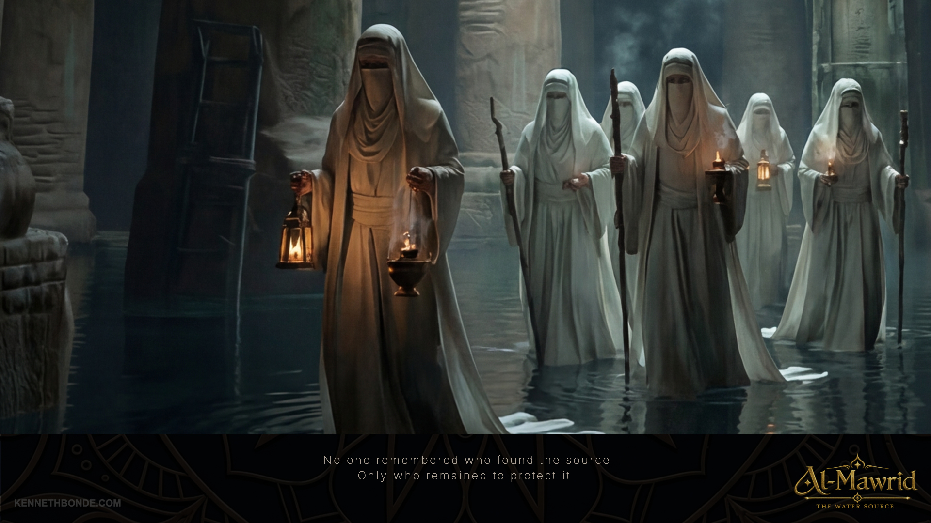 White-robed figures carrying lanterns through a dark interior passage, suggesting religious ritual, secrecy, pilgrimage and the spiritual connection between water, architecture and belief in Al-Mawrid. Environment concept art and environment design by Kenneth Bonde.