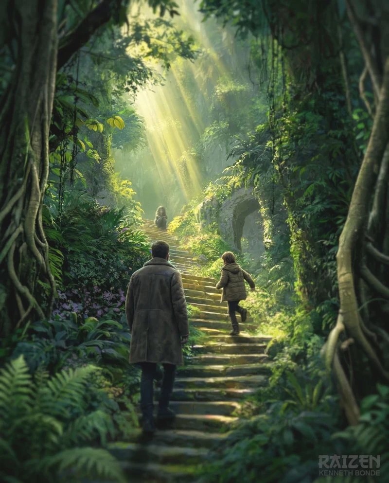 A narrow green forest path leads upward through dense trees and glowing light, suggesting discovery, passage, natural architecture, mythic travel and environmental storytelling in a visual development series. Environment concept art and environment design by Kenneth Bonde.