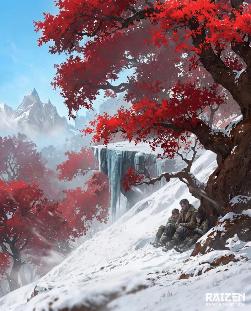 A family moves through a snowy red forest near a waterfall and mountain slope, combining wonder, danger, color contrast and emotional visual storytelling within a larger journey across impossible landscapes. Environment concept art and environment design by Kenneth Bonde.