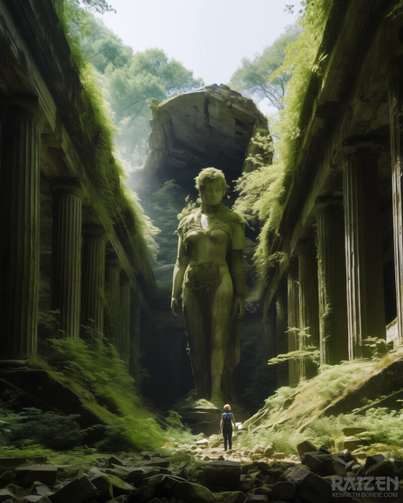 A narrow jungle temple passage framed by dark stone walls, green vegetation and a monumental statue form in the distance, creating a mysterious cinematic environment with ancient environment design detail. Environment concept art and environment design by Kenneth Bonde.